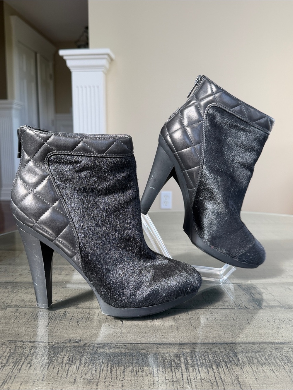 Timo Weiland for Tsubo Black Leather & Fur High Heel Quilted Ankle Boots Size 7